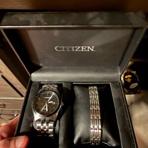 Citizen Men's Black and Silver Watch with Bracelet
